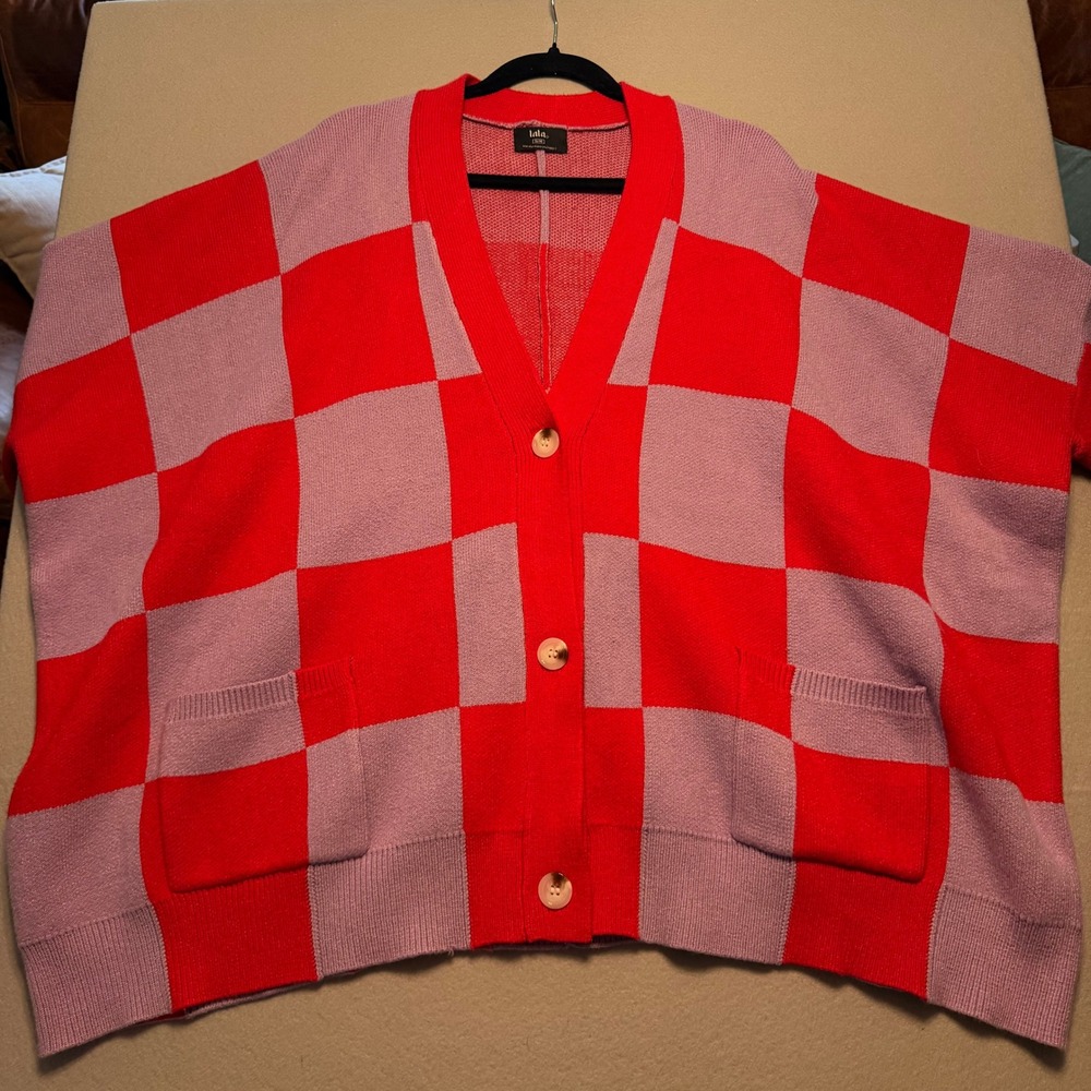 Dressed in Lala Love You Oversized Checkerboard Cardigan Sweater Women Sz S/M